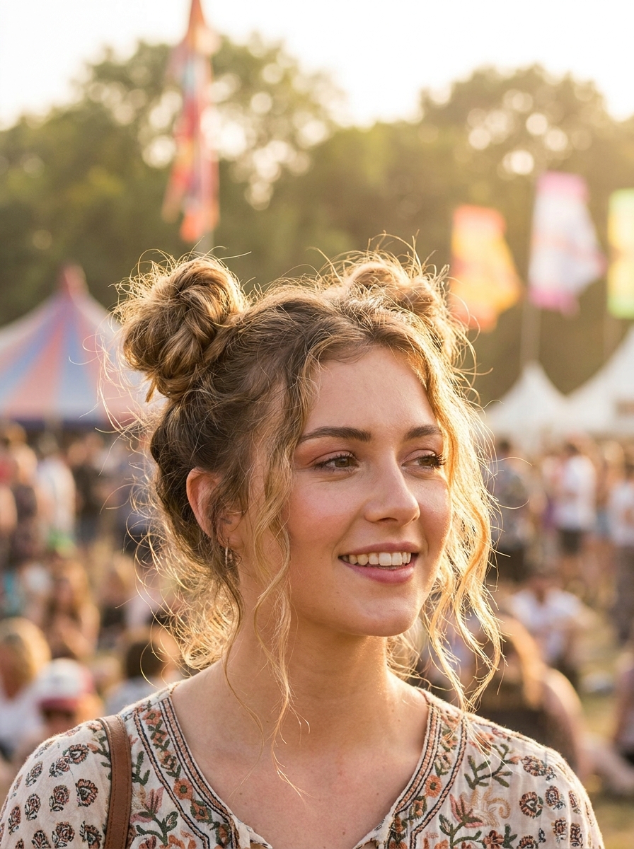 Space Buns mit weichen Face-Framing Strähnen als Festival Frisuren Inspiration 2026